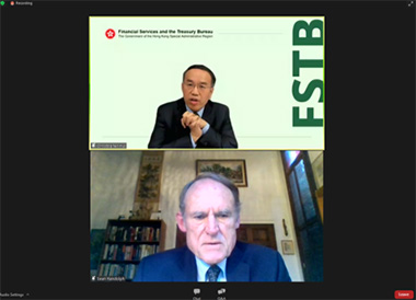 Hong Kong Secretary for Financial Services and the Treasury, Mr Christopher Hui (top) and Senior Director of the Bay Area Council Economic Institute, Mr Sean Randolph at the webinar hosted on November 2.