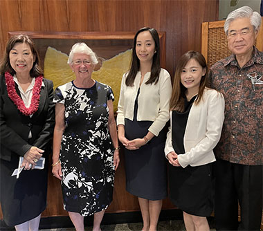 (From left) President of HKBAH, Ms Barinna Poon; Honorary Director of HKBAH, Mrs Brenda Foster; Ms Jacko Tsang; Ms Emily Ng and Honorary Director of HKBAH, Mr Gerald Sumida at the Hong Kong Luncheon on Feb 25.