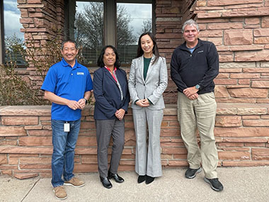 Ms Jacko Tsang, Director of Hong Kong Economic and Trade Office in San Francisco (second right); Ms Fran Campbell, President and CEO of Asian Chamber of Commerce Colorado (second left); Mr Clarence Low, Board Member of Asian Chamber of Commerce Colorado (first left) and Mr Joe Sinisi, Board Member of Asian Chamber of Commerce Colorado (first right) poised for a picture at the office of Asian Chamber of Commerce Colorado.