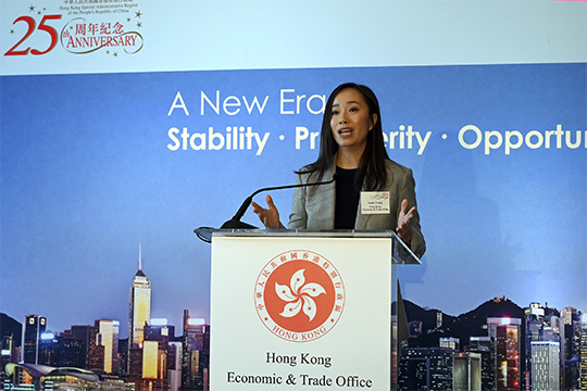 The Director of the Hong Kong Economic and Trade Office in San Francisco, Ms Jacko Tsang, delivers welcome remarks at a business luncheon celebrating the 25th anniversary of the establishment of the Hong Kong Special Administrative Region in Los Angeles on October 26.