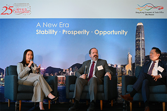 The Chief Global Strategist of the Milken Institute, Mr Kevin Klowden (middle); Senior Vice President and Head of China Business and Strategy of East West Bank Mr Andrew Pan (right); and the Director of the Hong Kong Economic and Trade Office in San Francisco, Ms Jacko Tsang (left), participated in a panel discussion at a business luncheon celebrating the 25th anniversary of the establishment of the Hong Kong Special Administrative Region in Los Angeles on October 26.