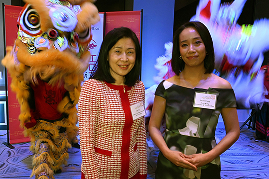 The Director of HKETO San Francisco, Ms Jacko Tsang (right), and the Commercial Counselor of the Consulate General of the People's Republic of China in Los Angeles, Ms Liu Yi  (left), pose for a picture after the eye-dotting ceremony at the spring reception in Los Angeles.