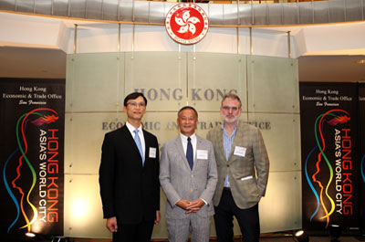 The Director of the Hong Kong Economic and Trade Office in San Francisco (HKETO), Mr Ivanhoe Chang (left); Hong Kong movie director Johnnie To (middle); and the Executive Director of SFFILM, Mr Noah Cowan (right), at the reception hosted by the HKETO to celebrate the "Johnnie To: Cops and Robbers".