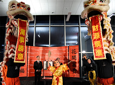 The lion dance performance at the reception in Los Angeles on February 28.