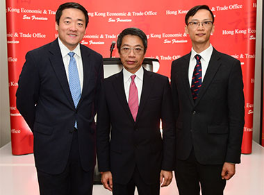 Texas State Representative, Mr Gene Wu (left) with Hong Kong Commissioner for Economic and Trade Affairs, USA, Mr Clement Leung (center), and the Director of the Hong Kong Economic and Trade Office in San Francisco, Mr Ivanhoe Chang at the reception in Houston on March 5.