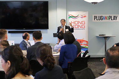 Hong Kong Secretary for Financial Services and the Treasury, Mr James Lau, gives a keynote speech to promote Hong Kong's role as a Fintech hub in Asia at a luncheon in San Francisco on May 29.