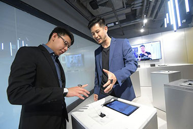 The Mills Fabrica provides workspaces, retail space, financial support and business advice to startups like Kevin Wong’s (right) which developed the first wireless audio device worn on the finger.