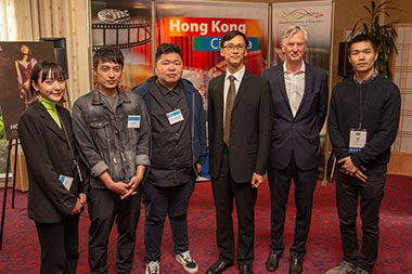 The Director of the Hong Kong Economic and Trade Office in San Francisco, Mr Ivanhoe Chang (third right); the Interim Co-Executive Director of SFFILM, Mr David Winton (second right); Hong Kong film directors Jun Li (first right) and Lee Cheuk-pan (third left); and "G Affairs" cast members Hanna Chan (first left) and Kyle Li (second left) at the ninth annual Hong Kong Cinema opening night reception in San Francisco.