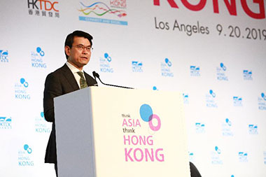 Hong Kong Secretary for Commerce and Economic Development, Mr Edward Yau speaks at the Think Asia Think Hong Kong Symposium in Los Angeles.